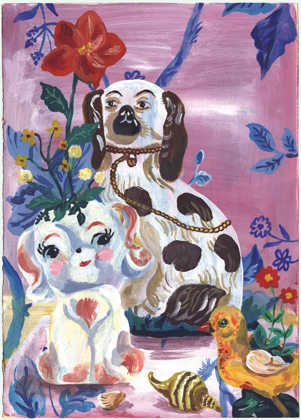 ナタリー・レテの絵画作品　タイトルは、磁器の犬の置物たち